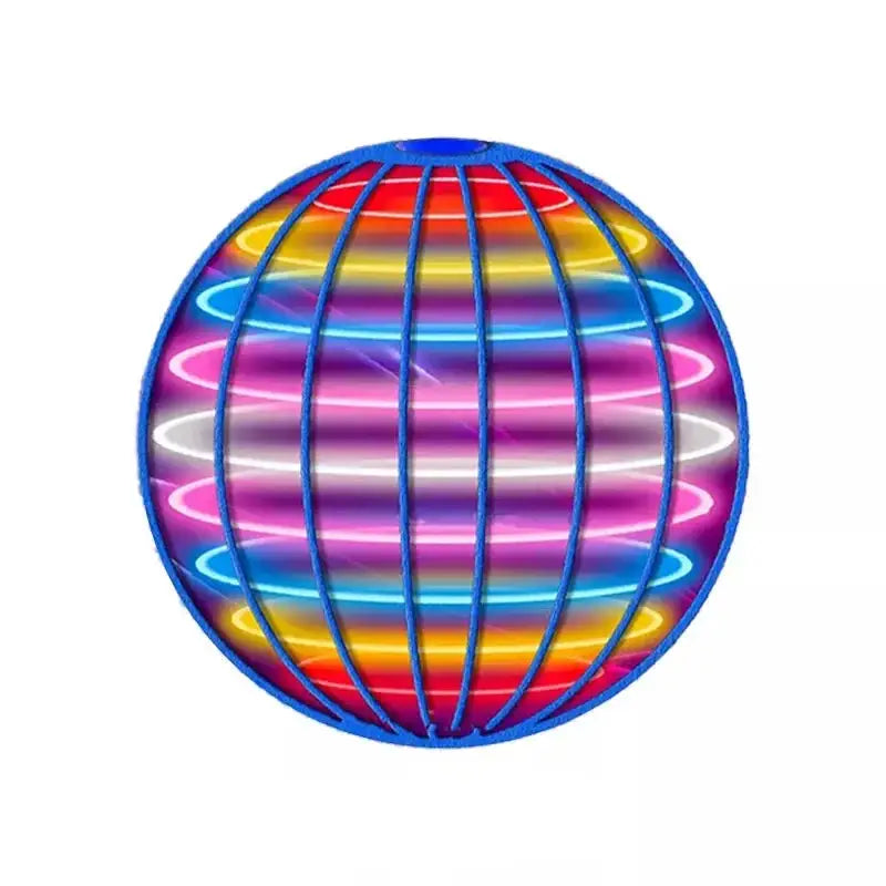Balle volante lumineuse en forme de globe sphérique neon avec cadre bleu et bandes horizontales arc-en-ciel lumineuses
