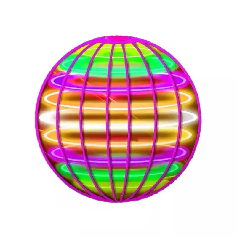Une balle volante lumineuse sphérique vibrante avec cage en grille néon magenta et vert pour usage nocturne