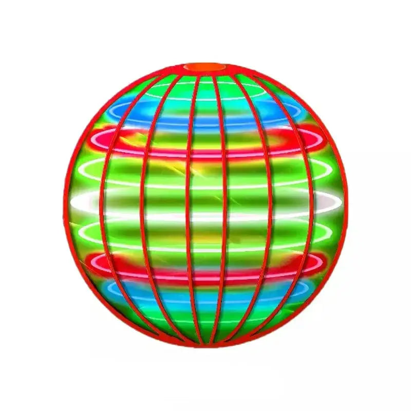 Balle volante boomerang lumineux avec boule disco rouge et lumières néon tourbillonnantes vert bleu rose blanc