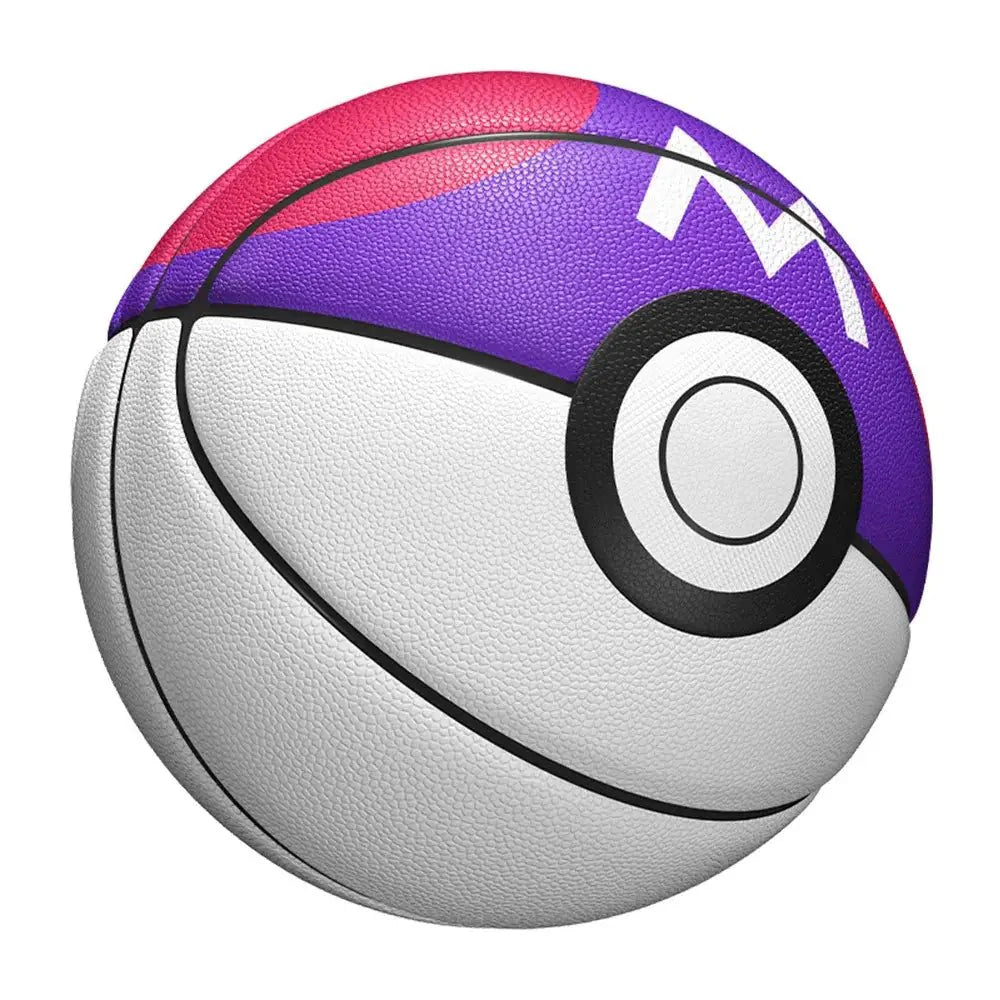 Ballon basketball officiel pokémon texturé rouge violet et blanc imitant une poké ball pour usage sportif