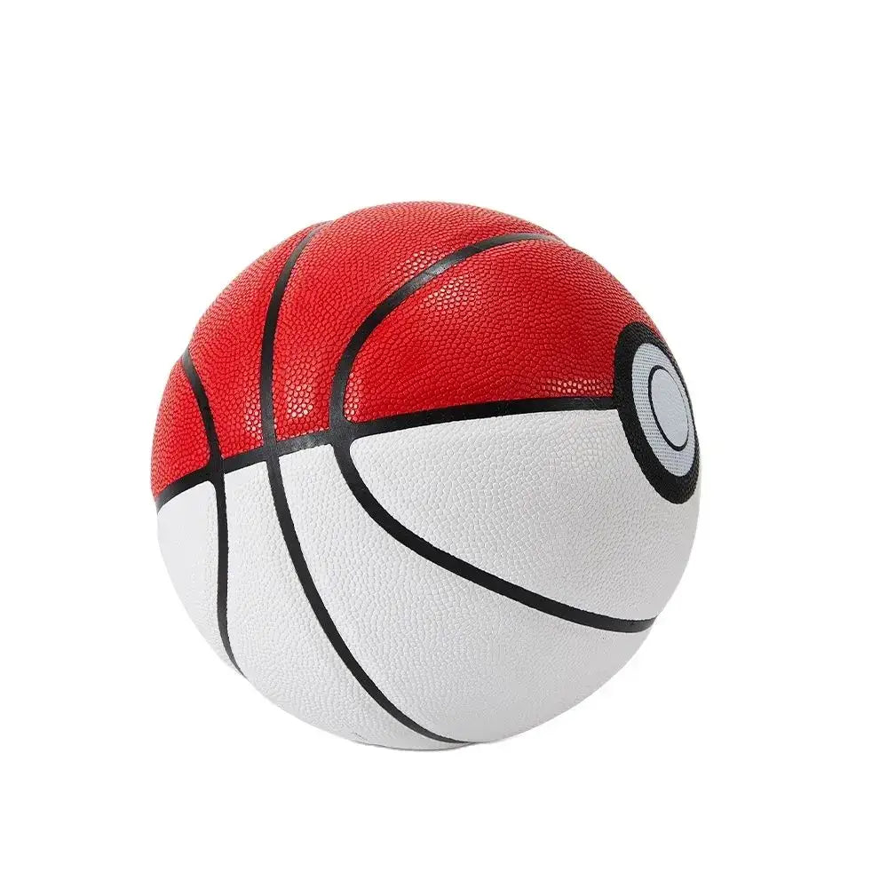 Ballon basketball pokémon pokéball rouge et blanc avec coutures noires et détail gris sur le côté