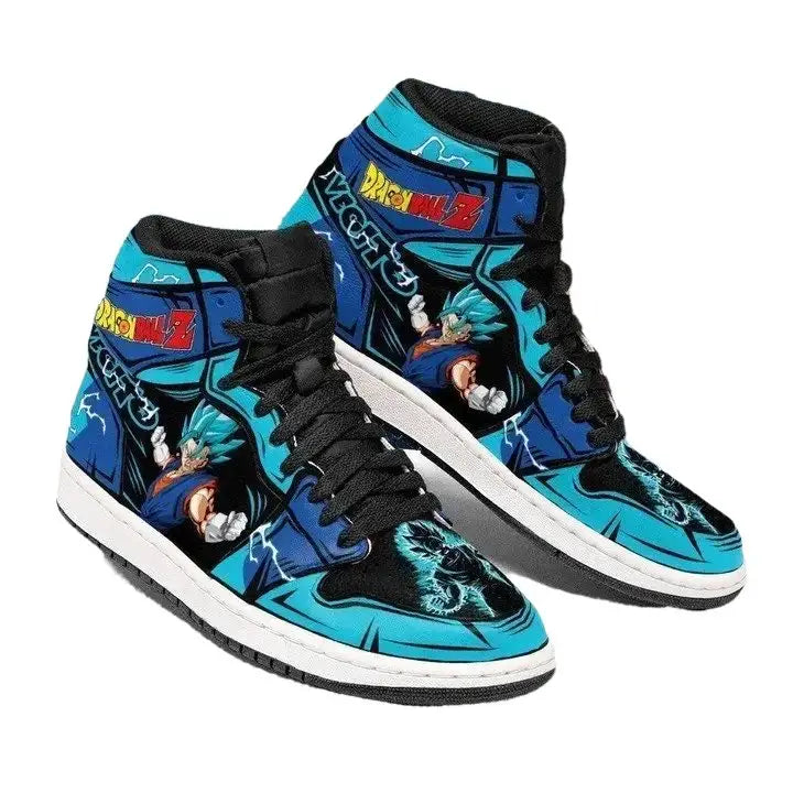 Baskets montantes dragon ball z super saiyan bleu et noir avec design épique personnage anime vibrant son goku