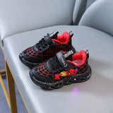 Baskets spiderman led pour enfants noires et rouges avec tige en mesh semelles pailletées et lumières led intégrées