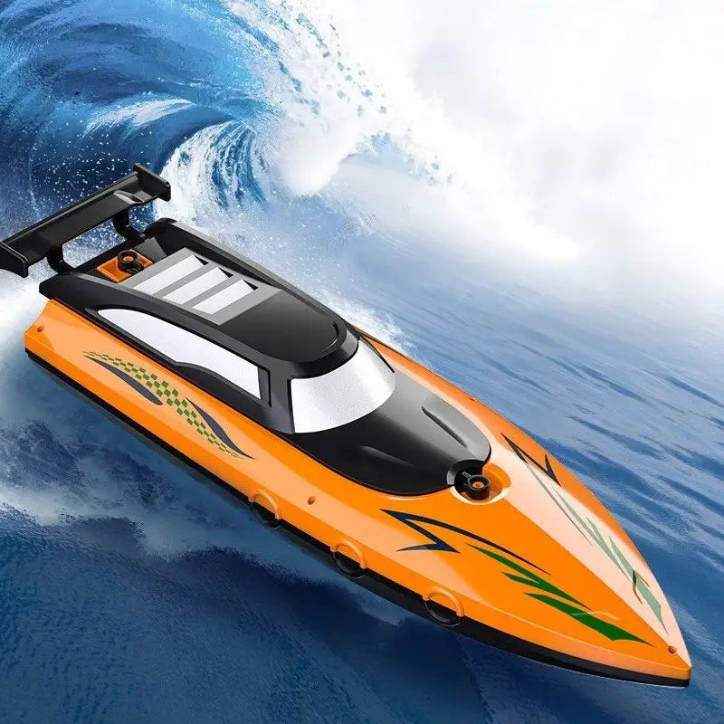 Bateau télécommandé haute vitesse orange et noir avec rayures vertes et damier pour jeu nautique rapide
