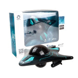 Bateau sous-marin télécommandé futuriste noir et teal avec lumières bleues pour exploration des fonds marins