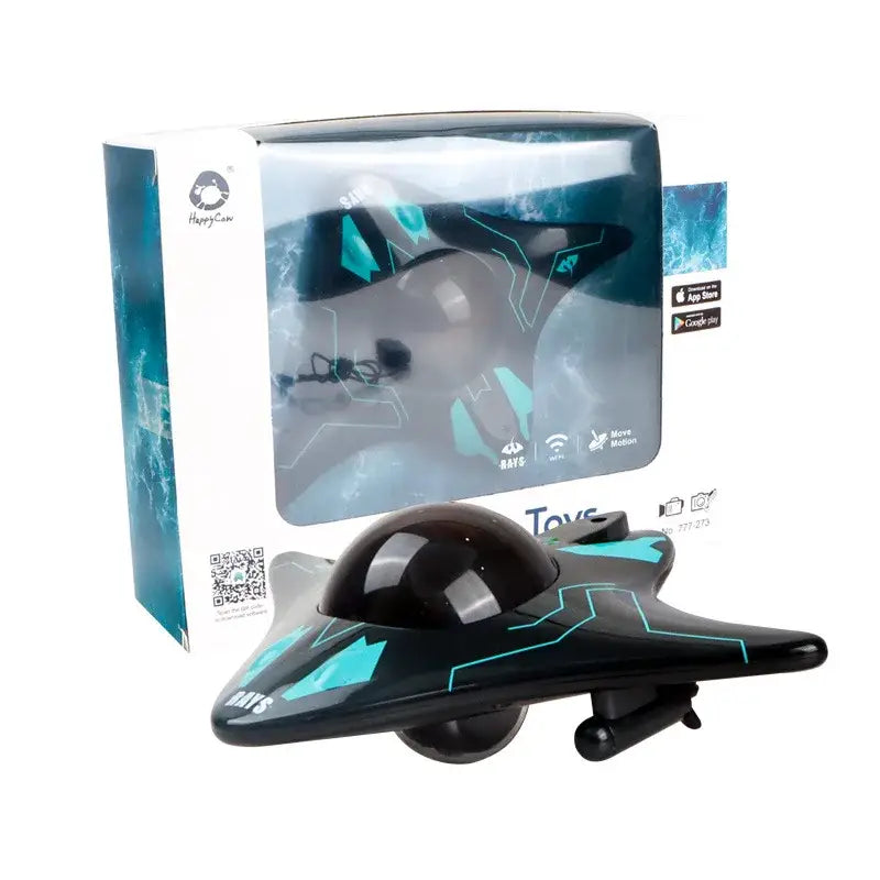 Bateau sous-marin télécommandé futuriste noir et teal avec lumières bleues pour exploration des fonds marins