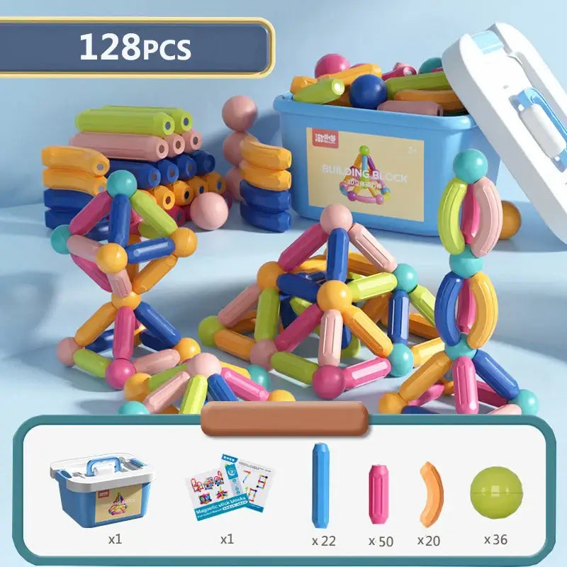 Ensemble vibrant de 128 bâtons magnétiques jouets de construction en couleurs vives avec formes variées spheres et connecteurs