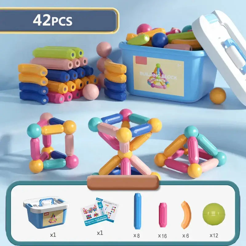 Ensemble de bâtons magnétiques jouets de construction colorés rangés dans une boîte de rangement bleue