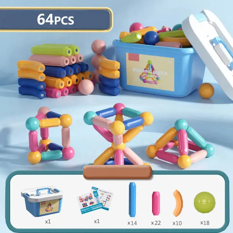 Colorés bâtons magnétiques jouets de construction en formes variées avec boîte de rangement organisée