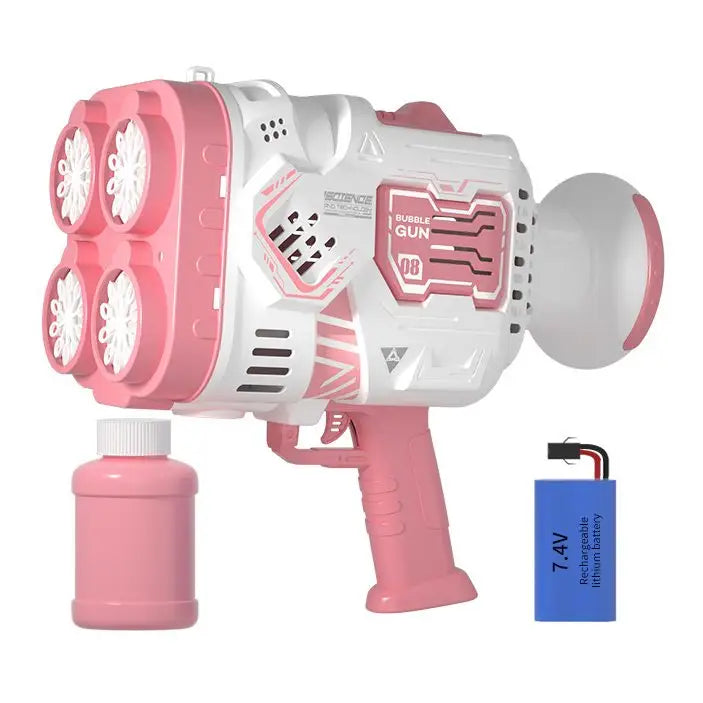 Bazooka à bulles rose et blanc avec quatre buses circulaires et poignée texturée design futuriste jouet enfants