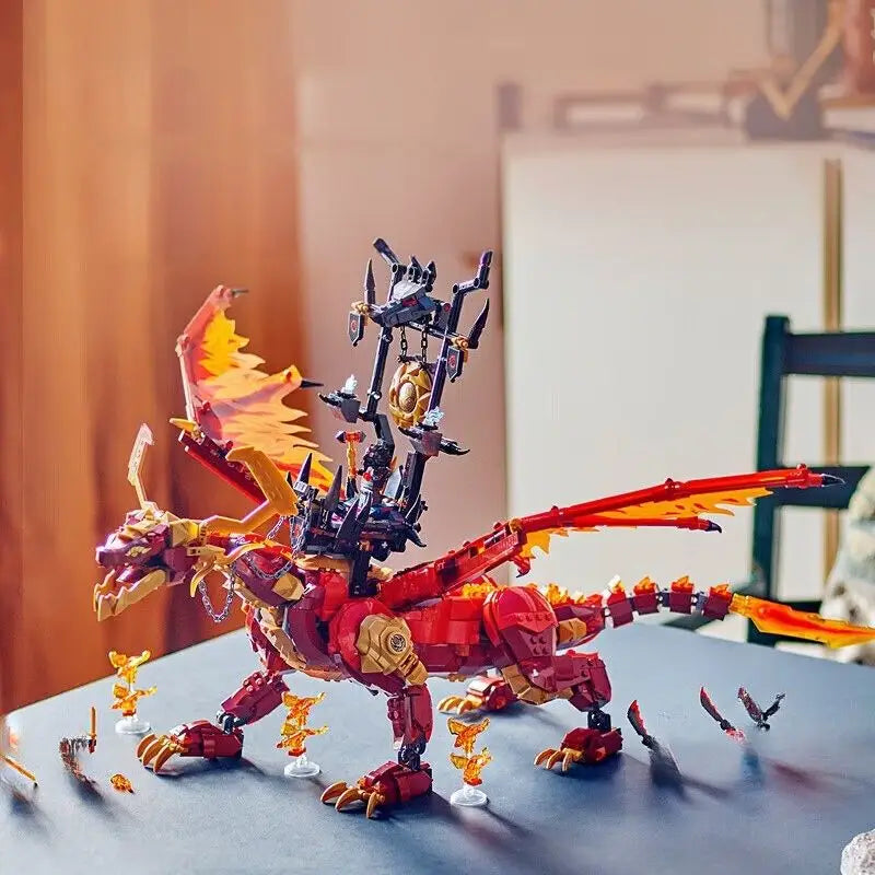 Détails d un dragon articulé blocs de construction rouge et or avec armure mécanique et ailes orange vif pour déguisement carnaval