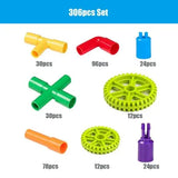 Blocs de construction pipeline pour enfant en plastique coloré en jaune rouge vert orange vert citron et violet matériau respectueux l environnement boîte d origine composition
