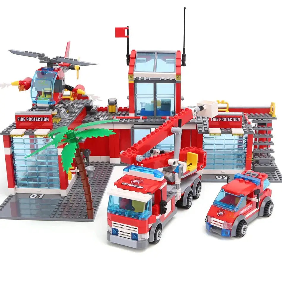 Bloc de construction station de pompier rouge et grise avec hélicoptère camions et palmiers pour construire lego pompier à construire