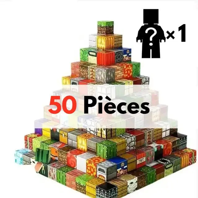 Pyramide colorée de 50 blocs magnétiques minecraft en papier avec textures herbe pierre bois et tnt jouet construction