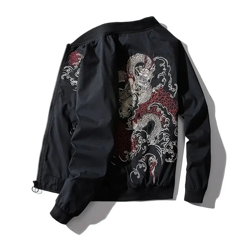 Blouson bomber jacket dragon noir avec dragon brodé blanc et rouge pour un streetwear moderne élégant