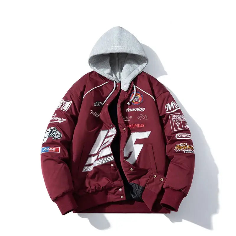 Blouson bomber jacket moto bordeaux avec capuche grise en polyester coton résistant et patches pour moto streetwear