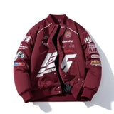 Blouson bomber jacket moto en polyester coton résistant bordeaux avec graphiques racing blancs et argentés pour moto streetwear