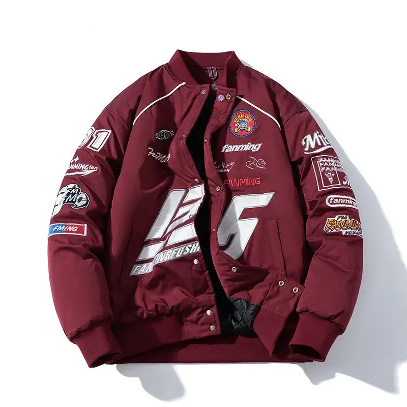 Blouson bomber jacket moto en polyester coton résistant bordeaux avec graphiques racing blancs et argentés pour moto streetwear