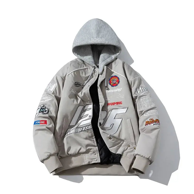 Blouson bomber jacket moto gris en polyester coton résistant avec intérieur en peluche et patches brodés moto streetwear