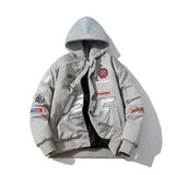 Blouson bomber jacket moto gris en polyester coton résistant avec intérieur en peluche et patches brodés moto streetwear