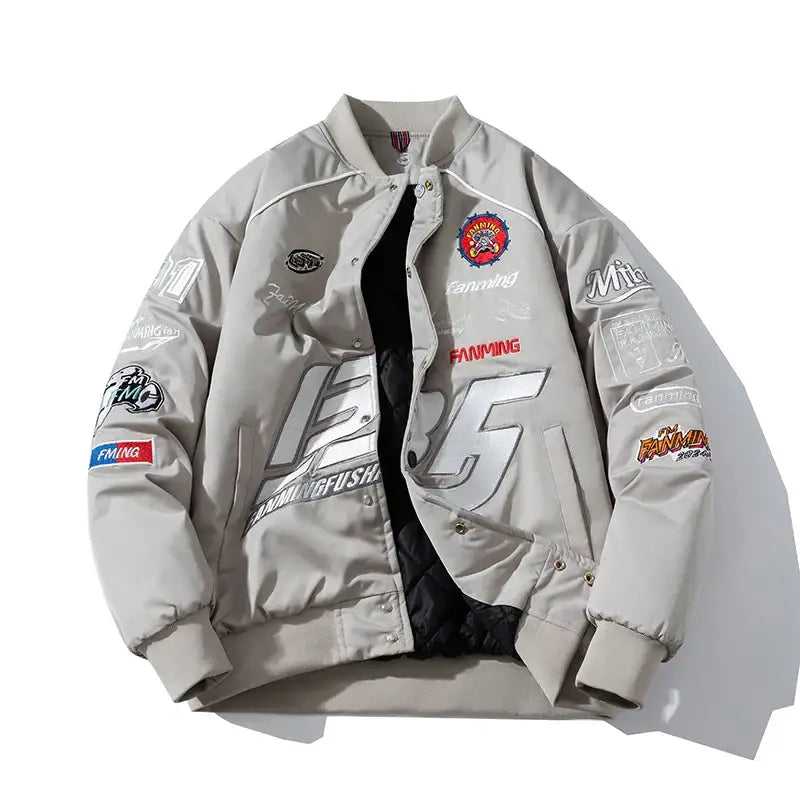 Blouson bomber jacket moto gris en polyester coton résistant avec graphiques racing et patches brodés pour moto streetwear