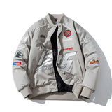 Blouson bomber jacket moto gris en polyester coton résistant avec graphiques racing et patches brodés pour moto streetwear