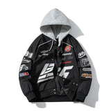 Blouson bomber jacket moto noir avec capuche grise en polyester coton résistant orné de patchs et surpiqûres blanches
