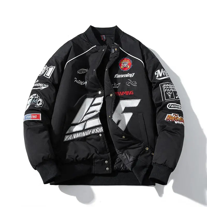 Blouson bomber jacket moto noir avec graphiques argentés et rouges, patchs, en polyester coton résistant pour moto streetwear