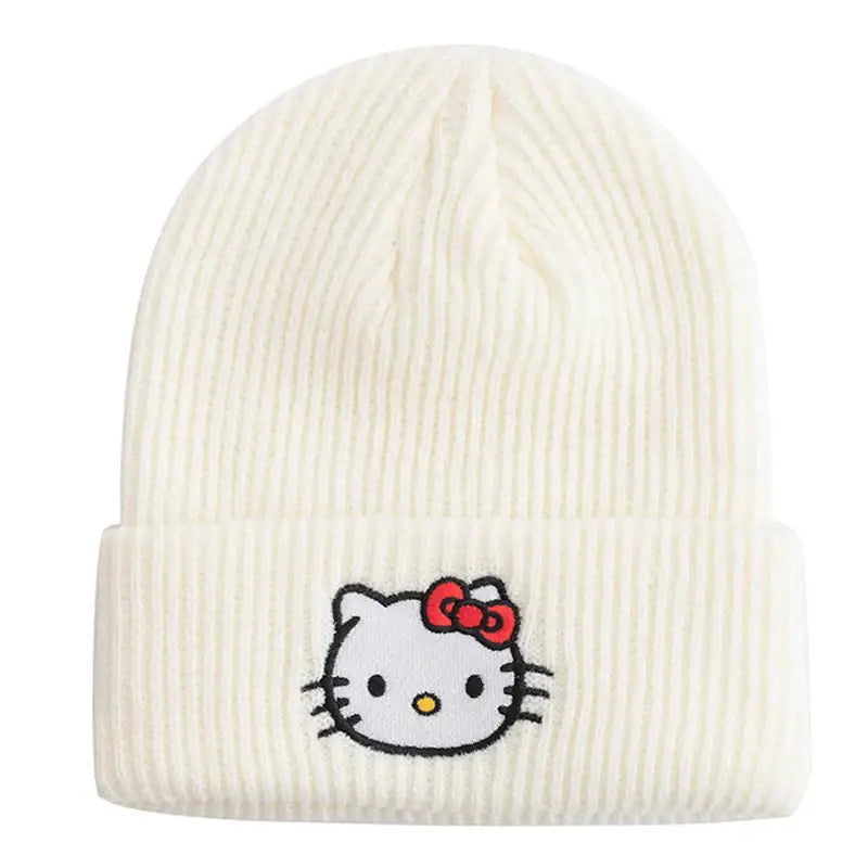 Bonnet hello kitty hiver en velours côtelé crème avec visage brodé hello kitty et noeud rouge idéal pour déguisement carnaval