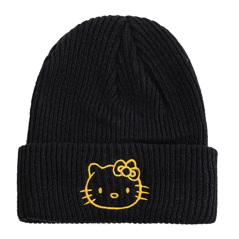 Bonnet hello kitty hiver noir en maille côtelée avec visage hello kitty jaune brodé sur le revers parfait pour déguisement carnaval