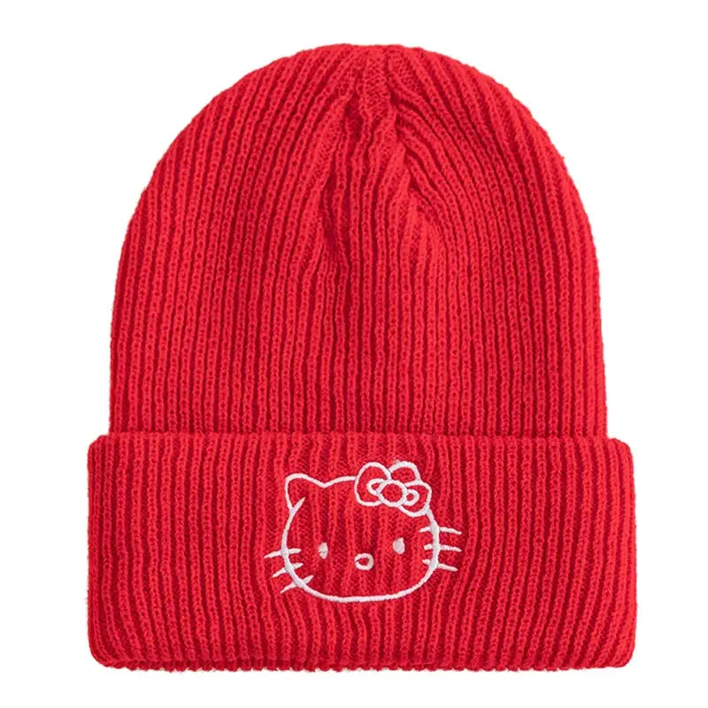 Bonnet hello kitty hiver rouge en maille côtelée avec broderie blanche hello kitty sur le revers parfait pour déguisement carnaval