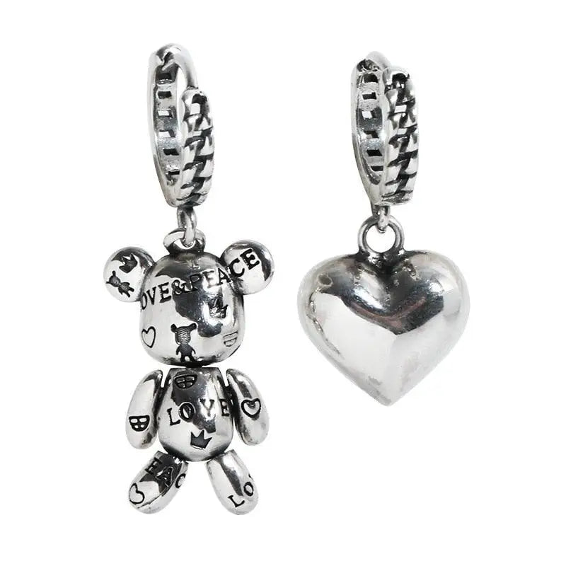 Boucles d’oreilles argent nounours avec pendentifs cœur et nounours gravés love et peace sur créoles chaînes texturées