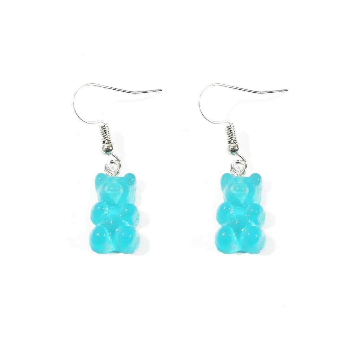 Boucles d’oreilles bonbons nounours turquoise en forme d’ourson en gomme avec crochets argentés
