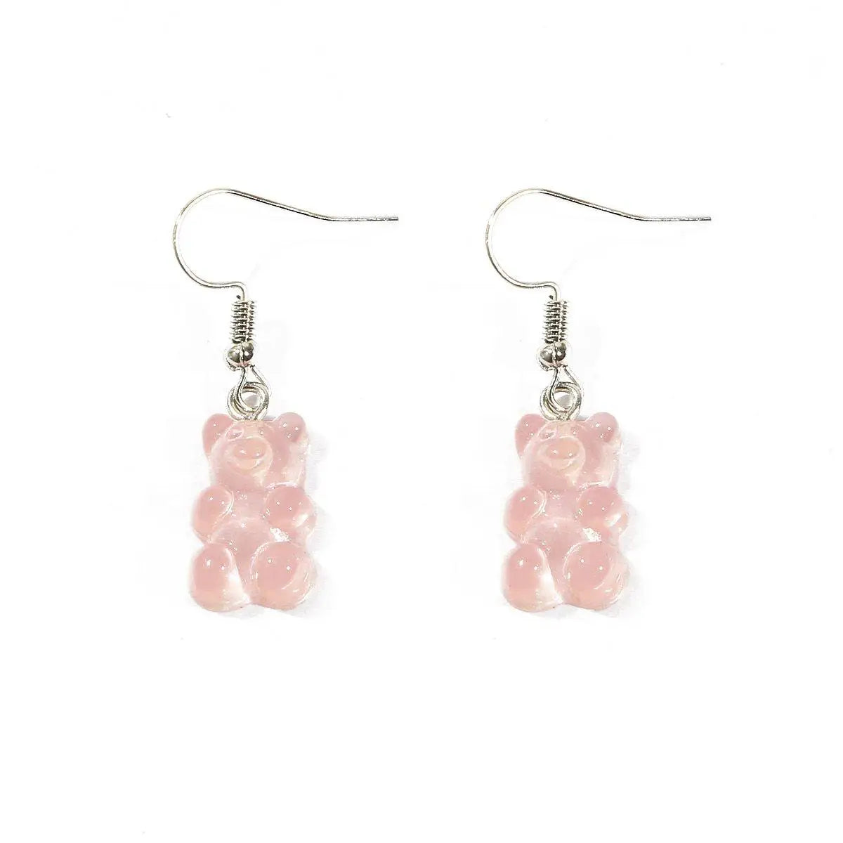 Boucles d’oreilles bonbons nounours en résine translucide rose avec crochets argentés pour oreilles percées