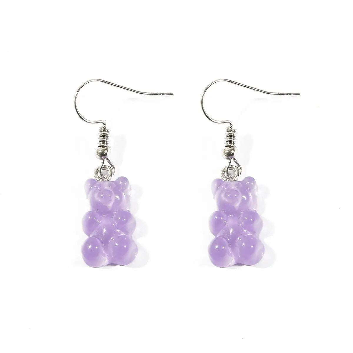 Boucles d’oreilles bonbons nounours en forme d’oursons translucides lavande avec crochets poissons en argent