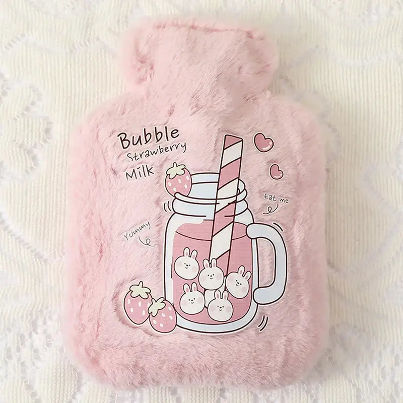 Bouillotte peluche enfant animaux en rose avec peluche lapin et design dessin animé fraise bubble milk