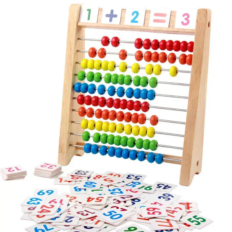 Boulier de calcul mathématique en bois éducatif avec perles colorées rouge jaune vert bleu sur tiges argentées pour calcul mathématique
