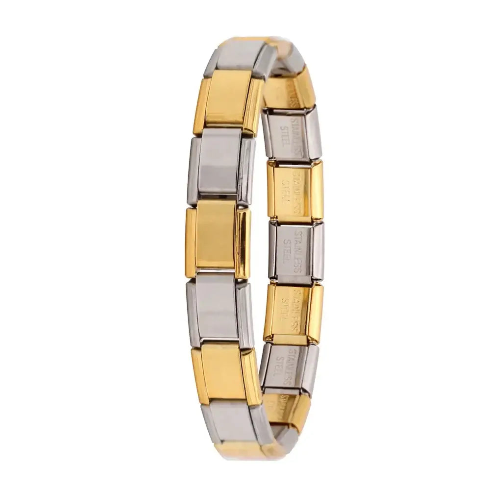 Bracelet à breloques en acier inoxydable incarne l’alliance parfaite de métal doré et argenté avec maillons rectangulaires interconnectés