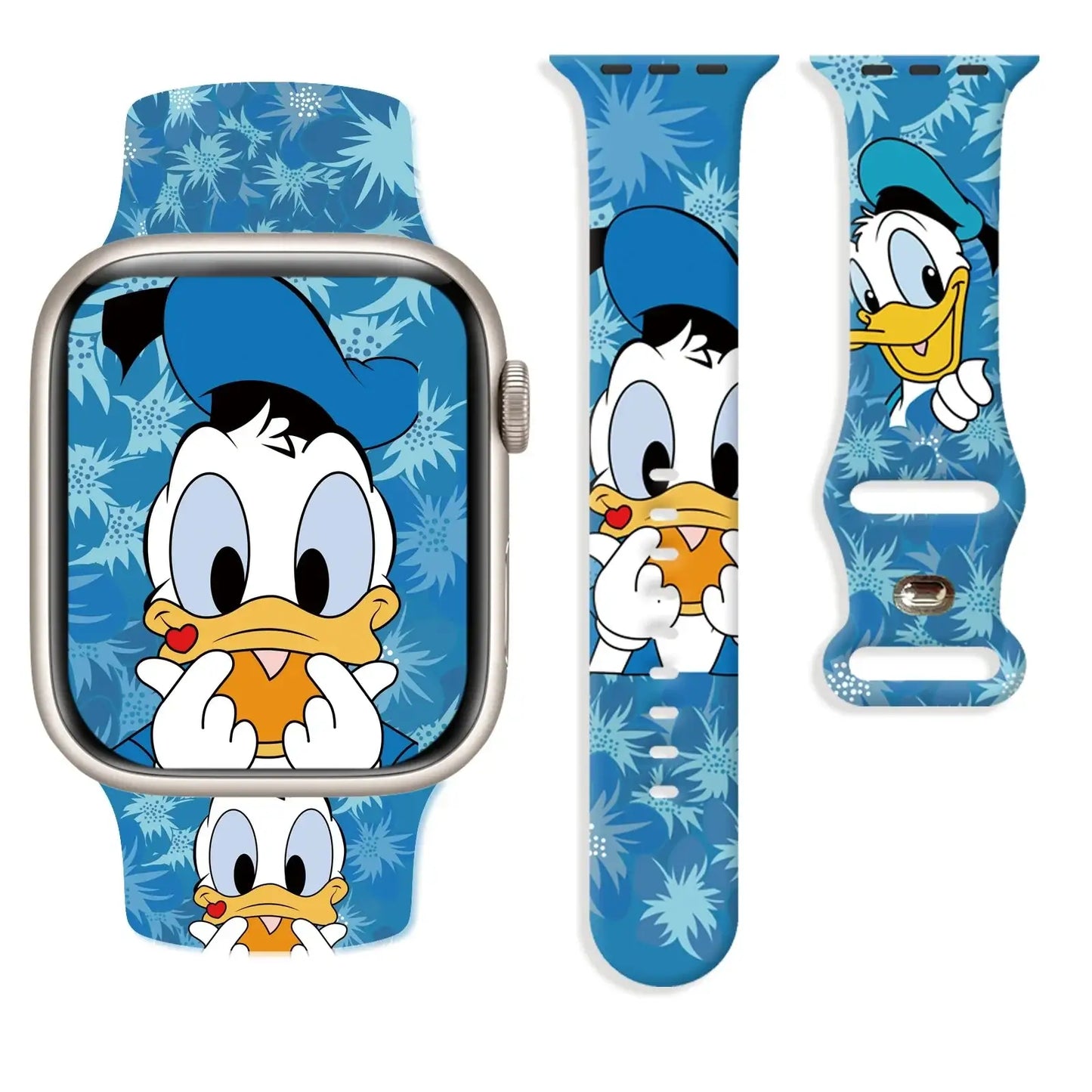 Bracelet apple watch bleu en matière souple avec design donald duck et motifs flocons pour watch disney mickey