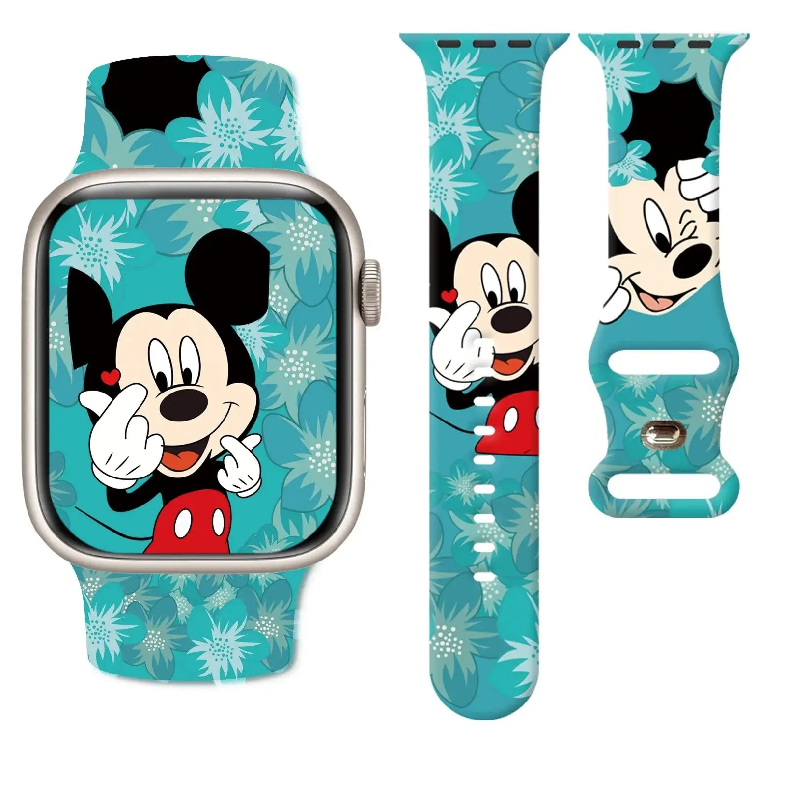 Bracelet apple watch disney mickey en silicone matière souple avec motif floral teal et oreilles noires rouge