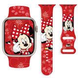 Bracelet apple watch en silicone rouge matière souple avec design minnie mouse motifs pois et fleurs watch disney mickey