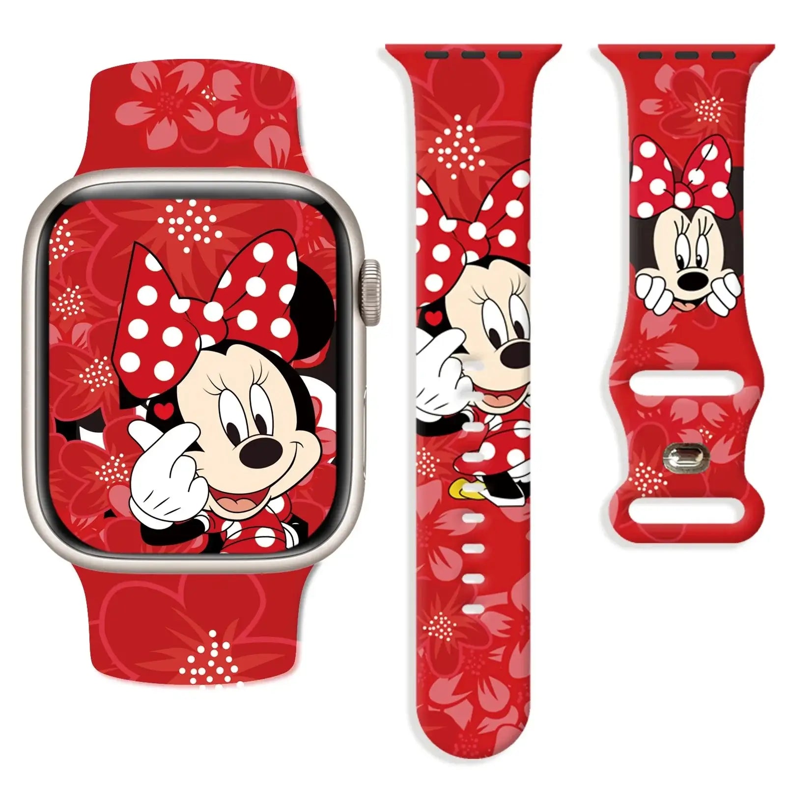 Bracelet apple watch en silicone rouge matière souple avec design minnie mouse motifs pois et fleurs watch disney mickey