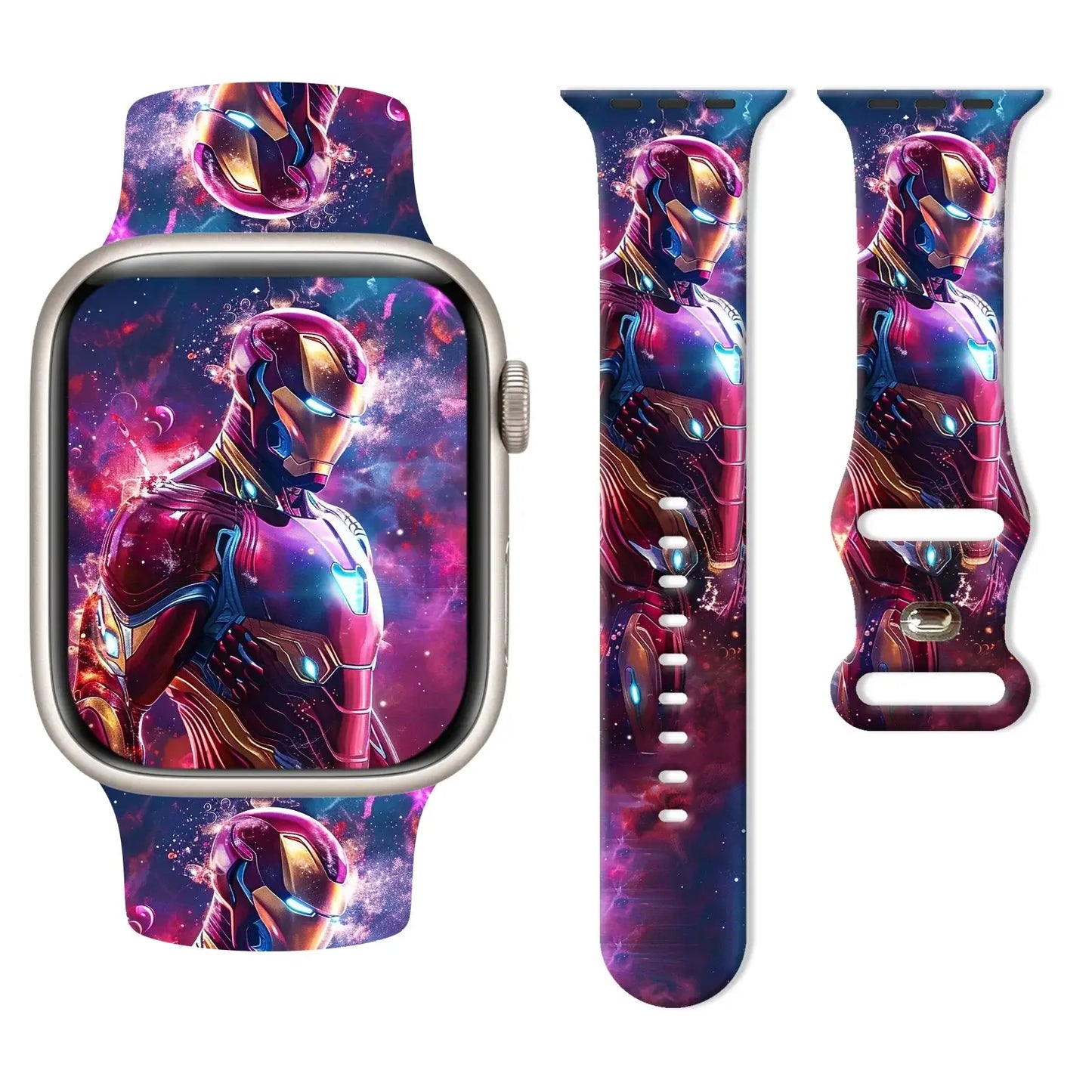 Bracelet apple watch en silicone iron man marvel rouge or et bleu design cosmique pour confort optimal