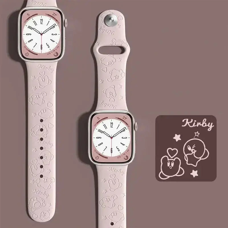 Bracelet apple watch kirby en silicone souple rose avec personnages kirby embossés et texte kirby