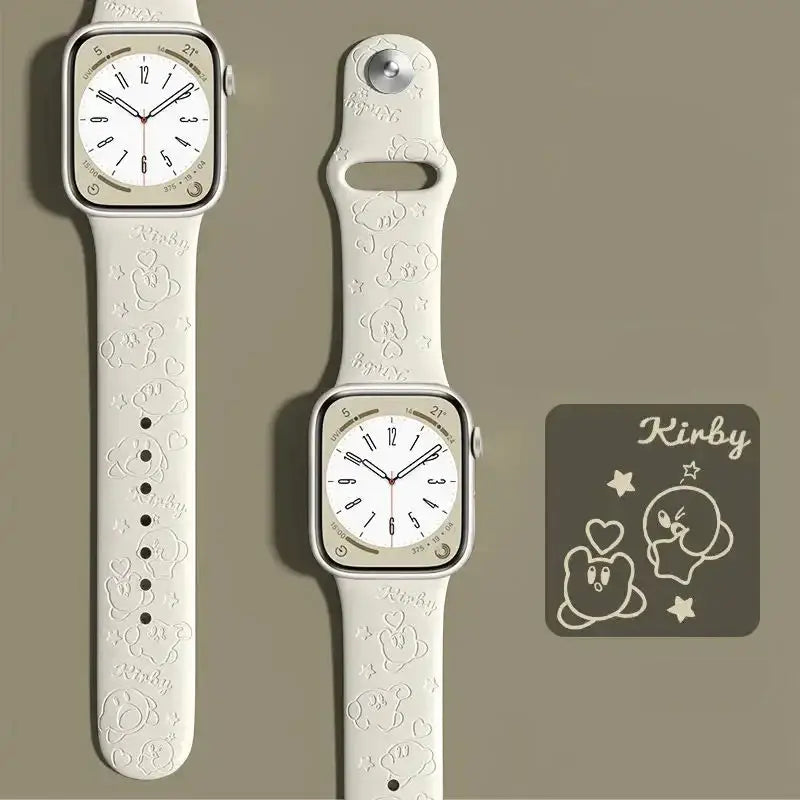 Bracelet apple watch kirby en silicone souple crème avec personnages kirby embossés et motifs cœurs pour apple watch