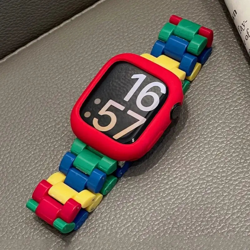 Bracelet apple watch style lego multicolore avec boîtier en silicone rouge en résine durable pour modèles apple