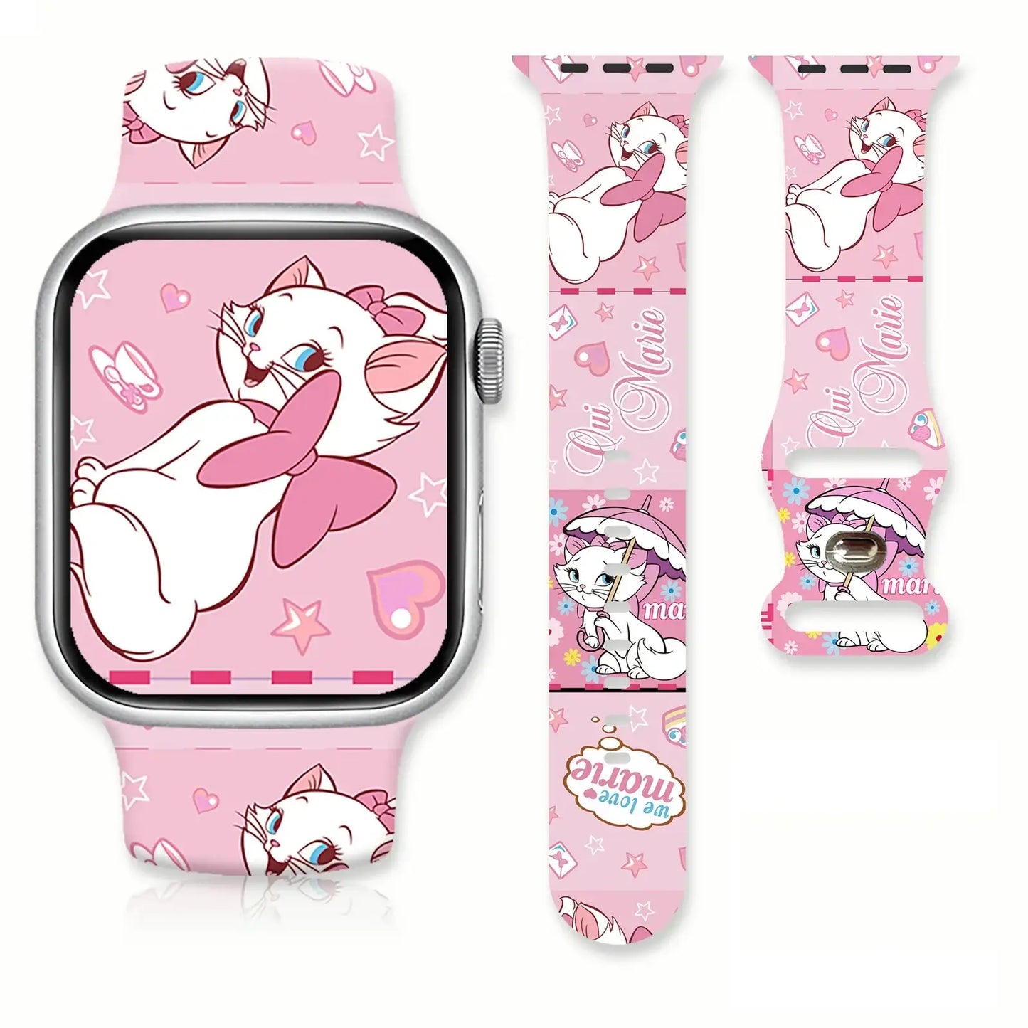 Bracelet apple watch en silicone rose avec motif répété de marie cat des aristochats étoiles coeurs et nom cursif