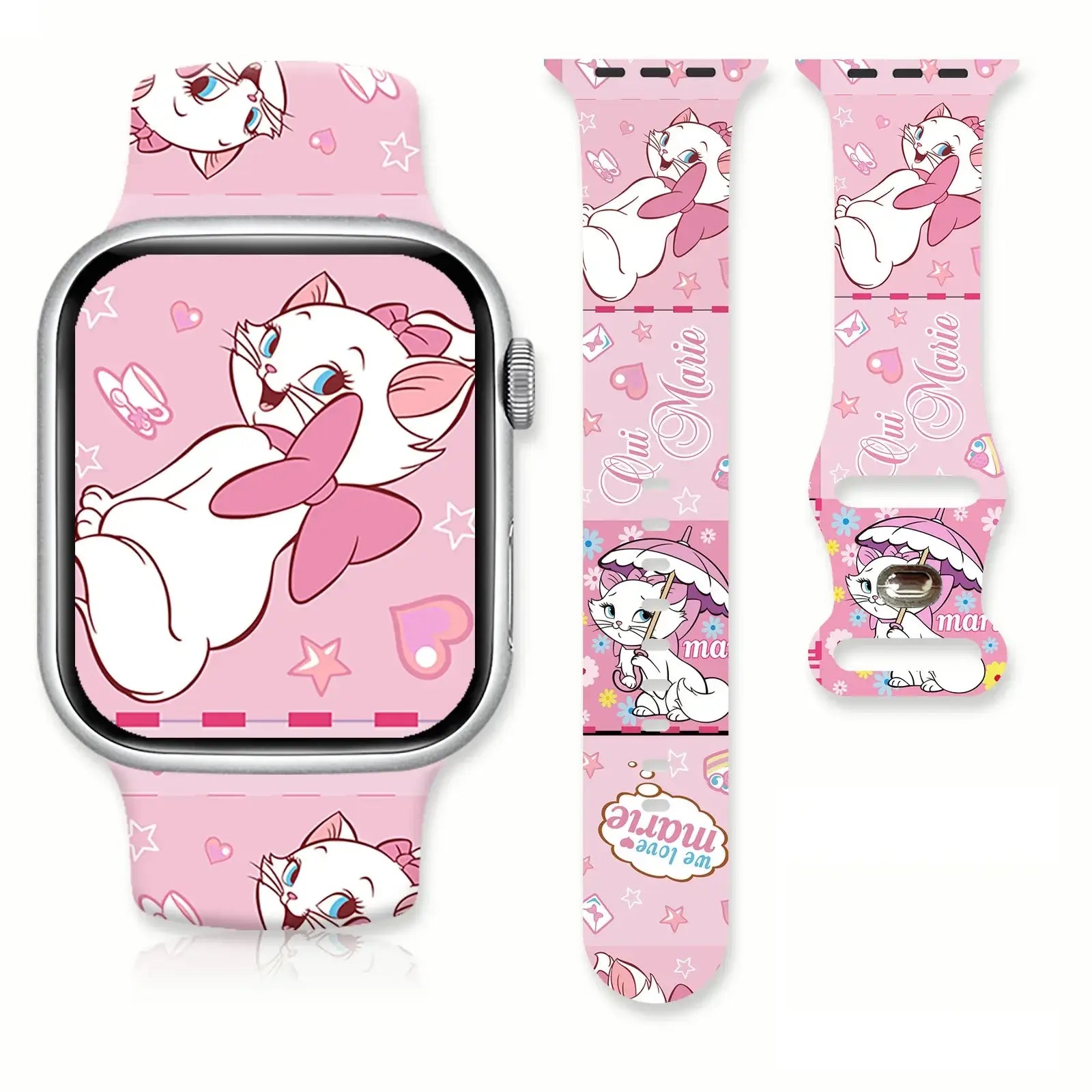 Bracelet apple watch en silicone rose avec motif répété de marie cat des aristochats étoiles coeurs et nom cursif