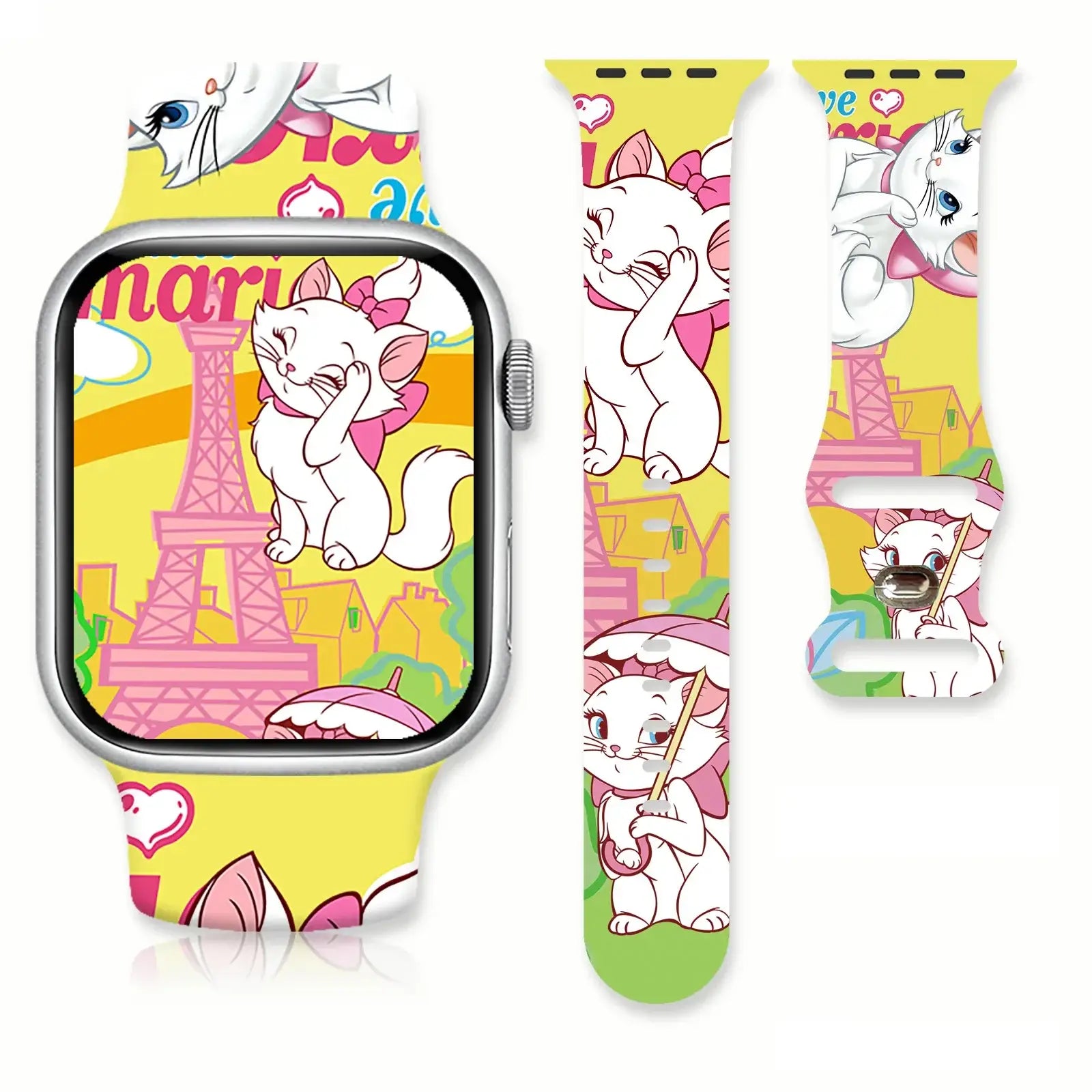 Bracelet apple watch jaune en silicone avec illustrations de marie cat et la tour eiffel pour watch marie cat