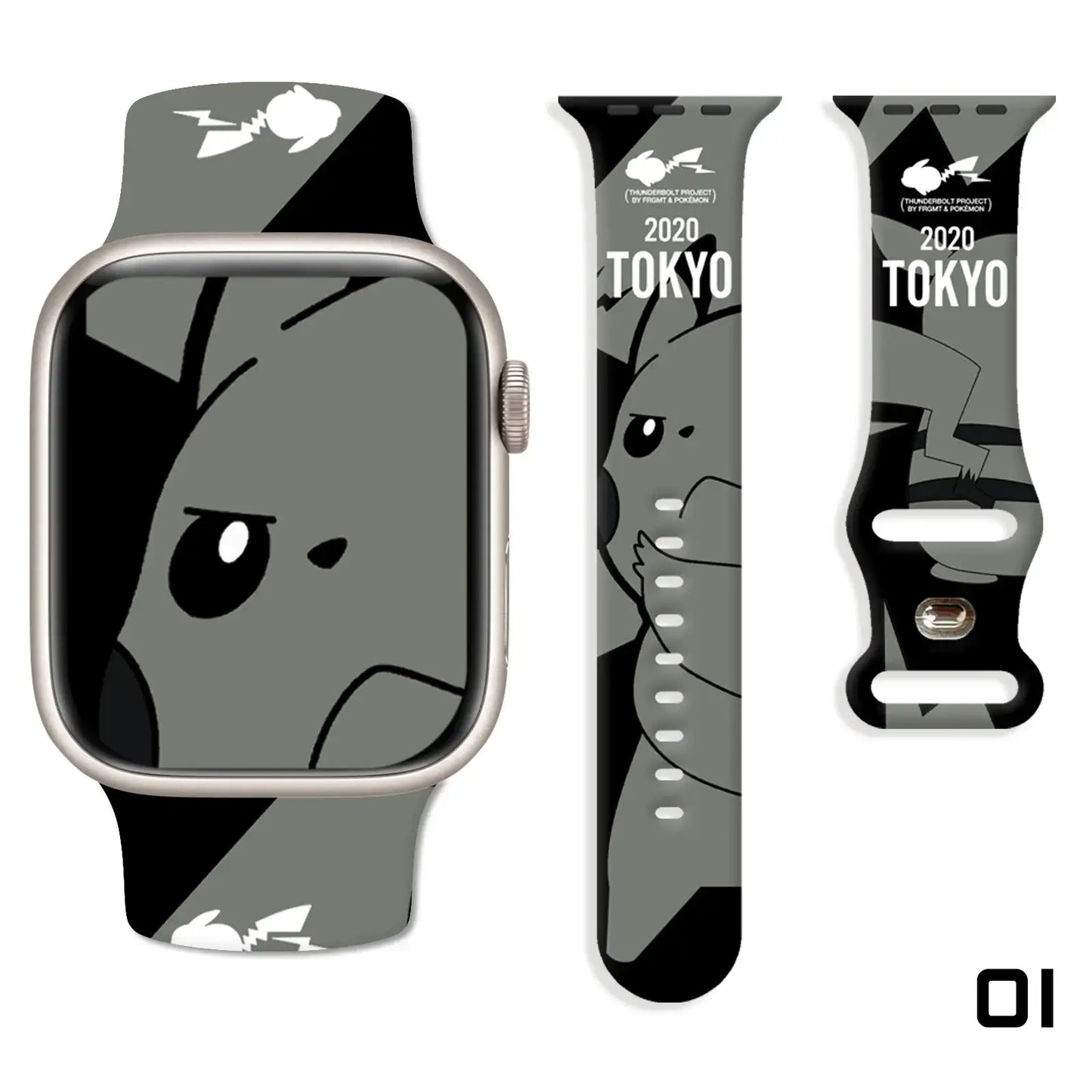Bracelet apple watch en silicone gris et noir avec design pikachu jeux olympiques tokyo 2020 et texte blanc